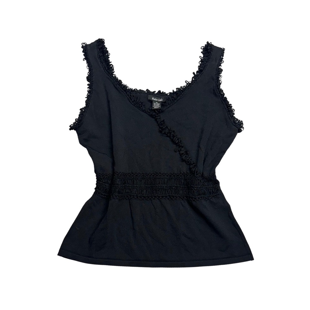 Dolce Cabo Black Ruffle Trim Crochet Waist Sleeveless Knit Top XL 5485